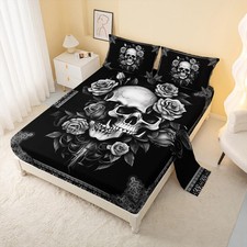 Skull Fitted Sheet Set Twin,Goth Rose Skull Bed Set for Boys Girls,Bohemian F...