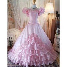 Vintage Pink Wedding Dresses Ruffles Skirt Puffy Sleeve Lace Applique BridalGown