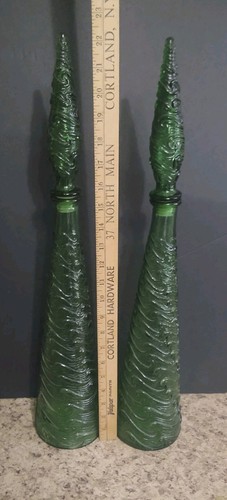 SET OF 2 VINT MCM 22.5” GREEN GLASS EMPOLI WAVE GENIE BOTTLE DECANTER W/STOPPER - Picture 5 of 8