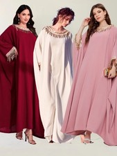 New Muslim Women Abaya Fashion Elegant Tassel Lace Batwing Sleeves Loose Kaftan