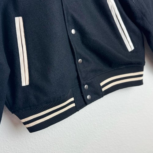 Richie Le 100% Wool Varsity Jacket Black Cream Striped Trim Size Small - Picture 12 of 18