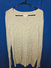 LOFT Womens Gray Solid Rib-Knit V-Neck Long Sleeve Pullover Sweater Size L
