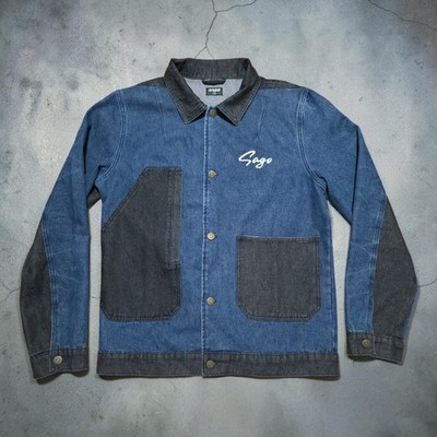 Sago Studios Denim Jacket Thick Slim Fit Blue Black Patchwork Steetwear Size L