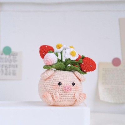 Handmade Crochet Strawberry Pig Flower Pot, Cute Crochet Desk Decor Gift