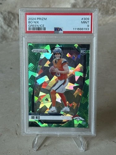 2024 Panini Prizm Bo Nix Rookie Green Ice Prizm #309 Denver Broncos PSA 9