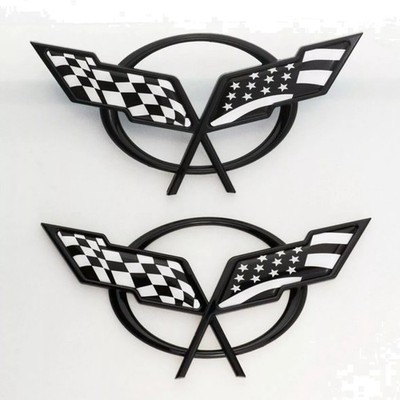 Front Nose & Rear Deck Lid Crossed Flags Emblems Car Badge Nameplate 3D Logo ...