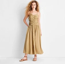 Future Collective Dress Womens Small Khaki Ruched Midi Tank Dress