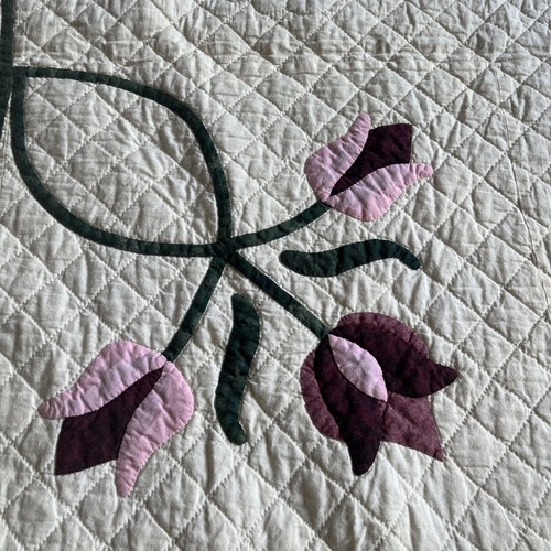 Vintage Hand Stitched Quilt Amish Made Floral Pink White Handmade Applique RARE - Picture 10 of 18