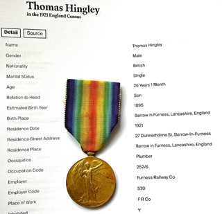 1st W.W.VICTORY MEDAL PTE.T.HINGLEY R.LANC.R. FROM BARROW IN FURNESS