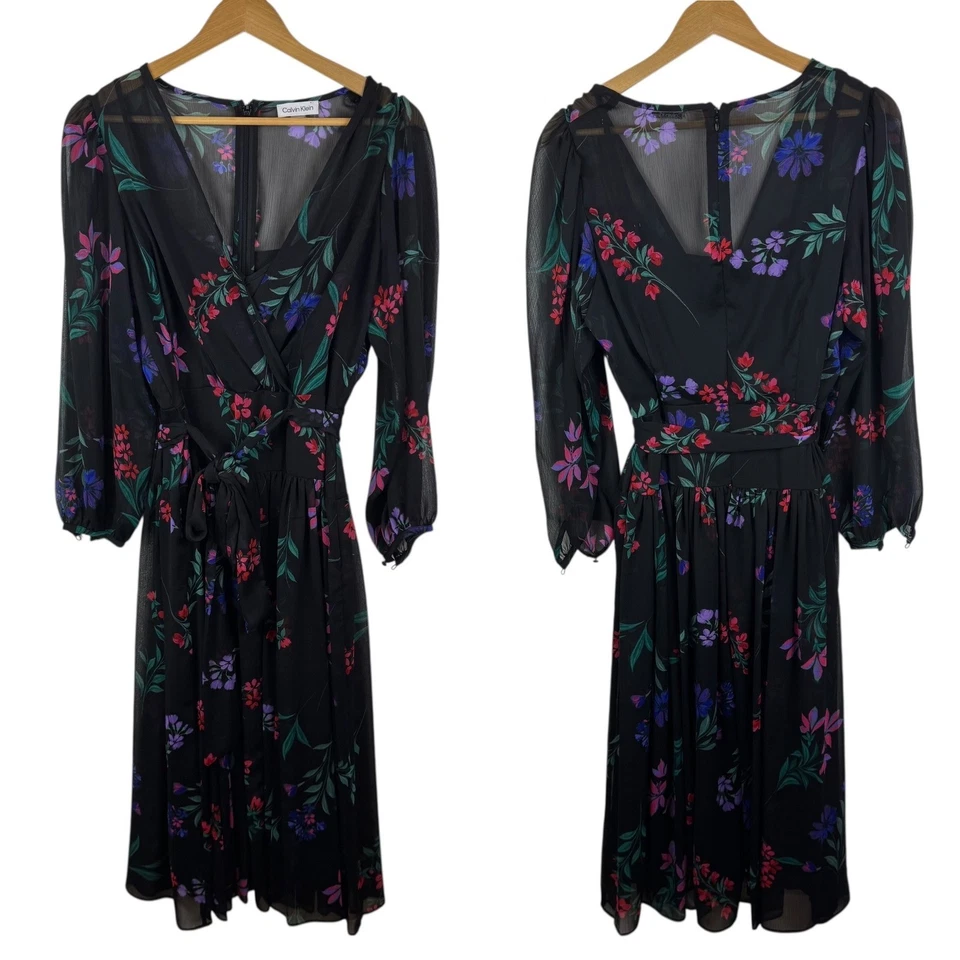 Vestido midi floral Calvin Klein talla 10 negro transparente manga larga cinturón oficina Foto 3 de 4