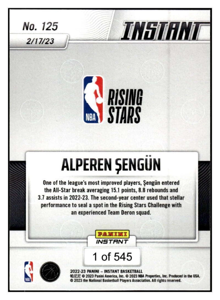 ALPEREN SENGUN 2022-23 Panini Instant Rising Stars /545 NBA  #125  ID:62398 - Image 2 of 2