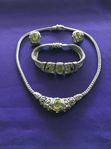 VTG 2-Tone Peridot Green CZ Renaissance Revival Design Necklace Ear Bracelet Set - Picture 2 of 6