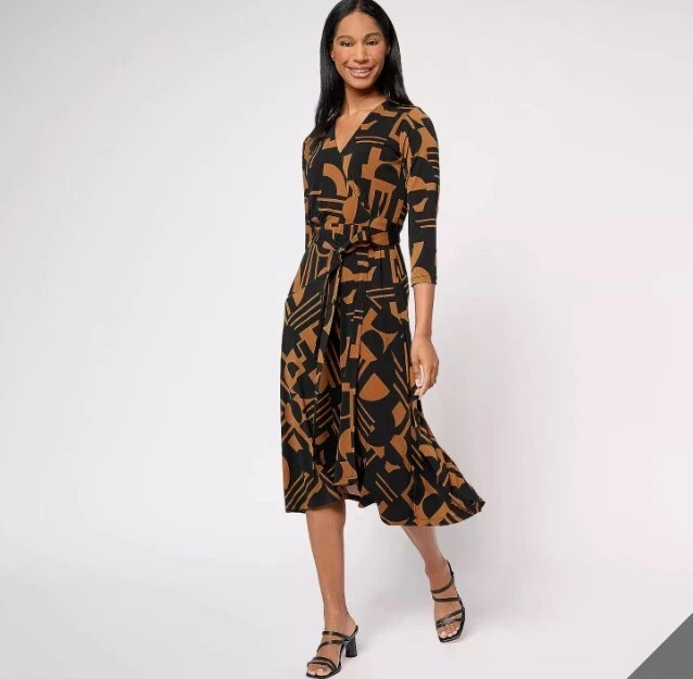 Susan Graver Printed Liquid Knit 3/4-Sleeve Wrap Dress Brown Petite Size 1X New - Image 2 of 4