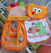 4 Piece L'IL DUDS Thanksgiving My 1st First Turkey Day Bibs and TG Beanie Hat