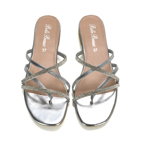 Womens Strappy Flat Sandals Ladies Diamante Slider Summer Holiday Mule Shoes 3-8 - Picture 32 of 35