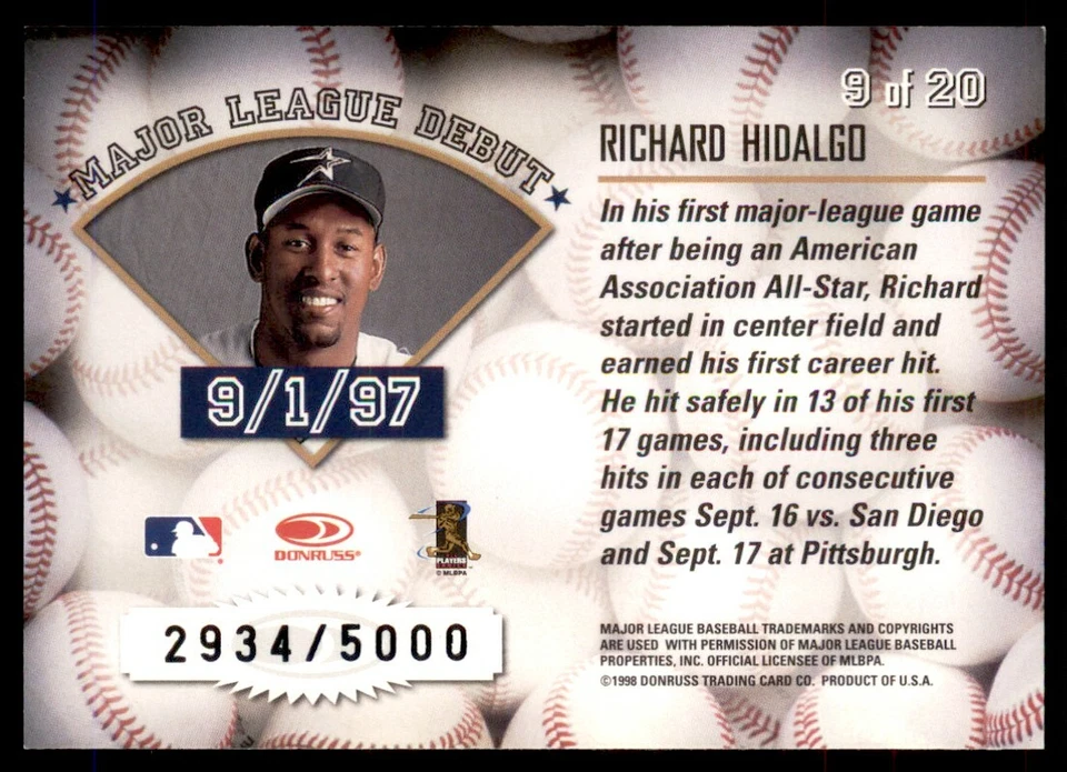1998 Leaf Rookies & Stars Freshman Orientation Richard Hidalgo /5000 Houston - Image 2 of 2