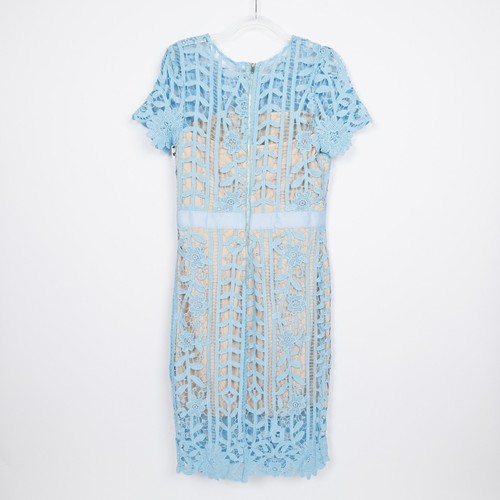 Vestido Superpuesto de Encaje Elegante Patrón Floral, Manga Corta, Estilo Funda, Azul Nuevo - Imagen 2 de 14