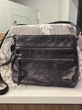 The Sak Reseda Crossbody Black Onyx Embossed Leather Zip Shoulder Bag 11.5 x 9.5