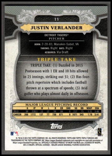 2014 Topps Triple Threads Emerald #11 Justin Verlander - NM-MT - Picture 2 of 2
