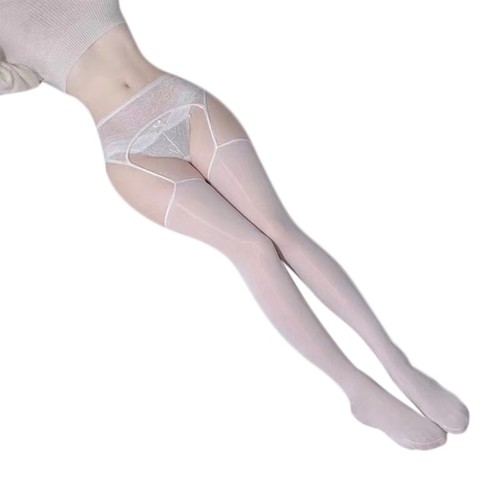 Womens Suspender Tights with Lace Garter Belt Oil Solid Thigh High Stockings - Picture 9 of 13