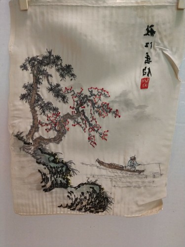 Vintage Oriental Silk Embroidery Wall Hanging Fisherman River Signed 1960's - Picture 3 of 5