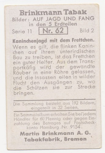 KANINCHENJAGD FRETTCHEN RABBIT FERRET LAPIN FURET JAGD FANG IMAGE CARD 1930's - Picture 2 of 2