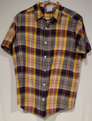 Columbia Button Up Shirt Mens Large Short Sleeve black yello Plaid Cotton Casual