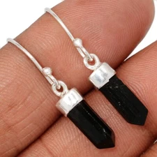 Natural Black Tourmaline Point - Brazil 925 Silver Earrings Jewelry CE48404