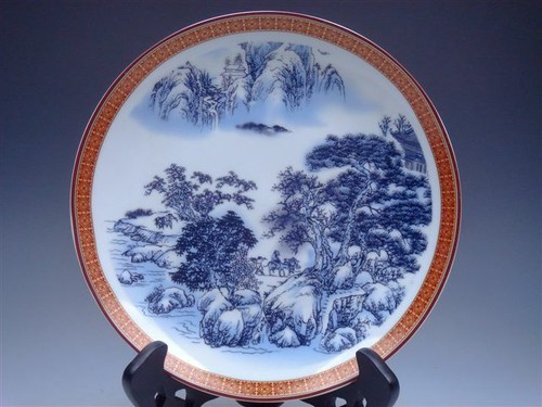 Chinese Glazed Porcelain Mountains Tree Scenery Hand Painted Plate - Picture 2 of 5