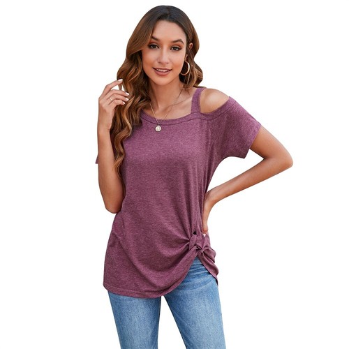 Ladies Casual Solid Color Short Sleeve Side Knot T-Shirt Crew Neck Tunic Top - Picture 24 of 27