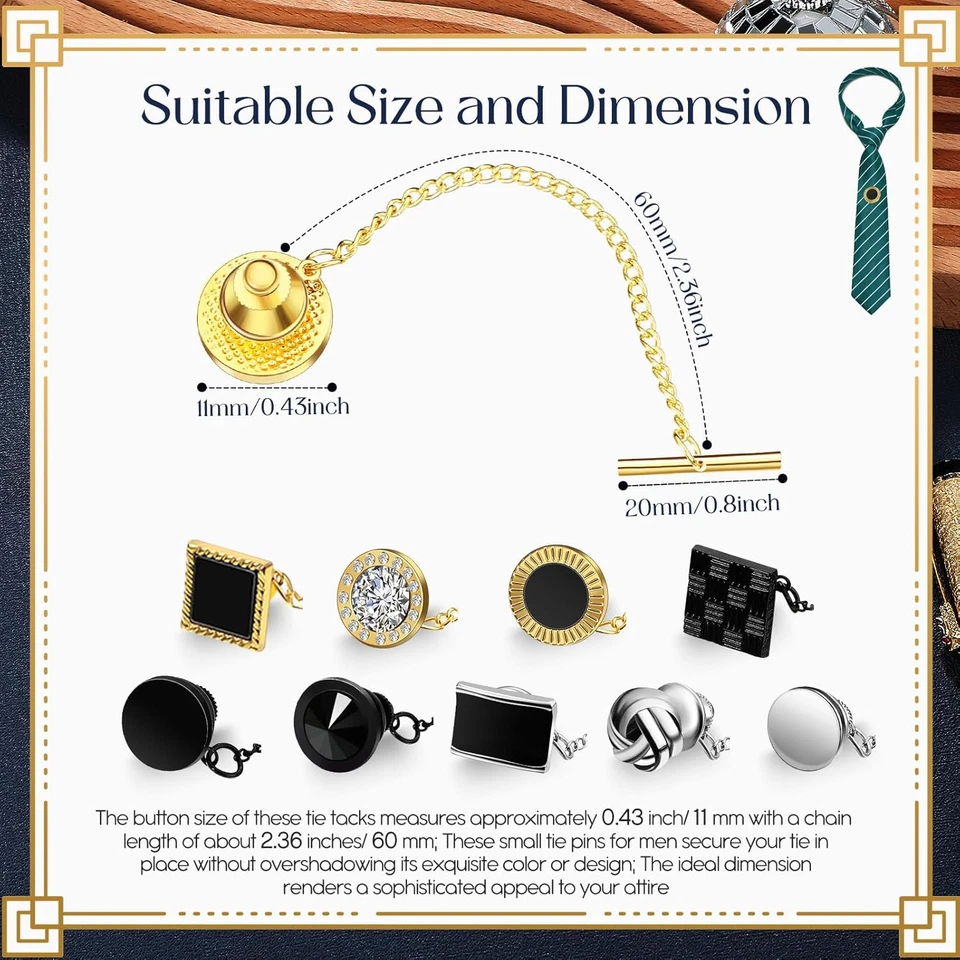 Pin de gravata Misdary 9 peças para homens com corrente prata preta ouro tie tack Cl - Imagem 2 de 4