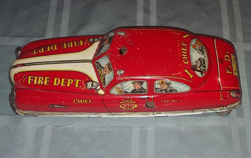 Vintage Marx Tin Litho Toy Fire Dept Chief Car No. 1 F.D. 3EM26 11 " Windup GD - Picture 7 of 9