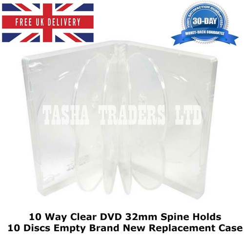 100 x 10 Way Clear DVD 32mm Spine Holds 10 Disc Empty Brand New Replacement Case - Afbeelding 1 van 2