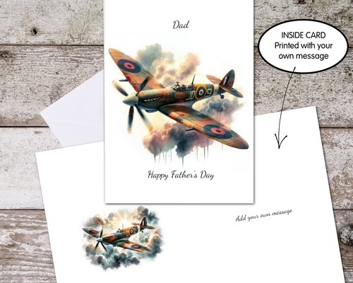 Personalised Spitfire WWII Fighter Plane Fathers Day Card - Choose Size - Picture 2 of 3