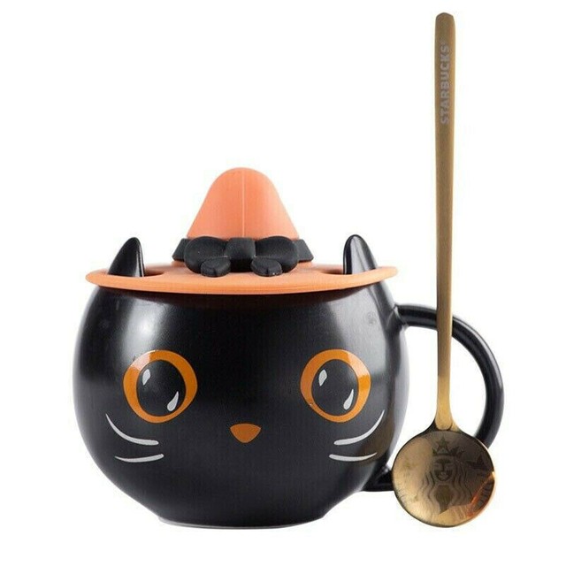 Coppa per gatto nera Starbucks con coperchio e cucchiaio per streghe Halloween Coppa per gatto nera Starbucks con coperchio e cucchiaio per streghe Halloween