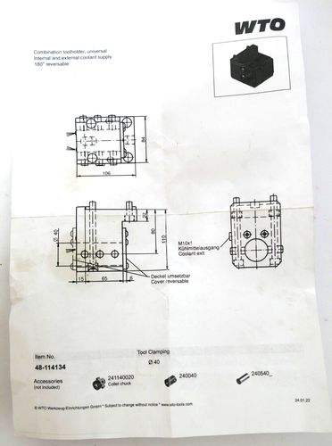 WTO Werkzeughalter 48-114134 NEU Kombihalter, universal Ø 40mm Biglia Eurotech - Picture 2 of 2