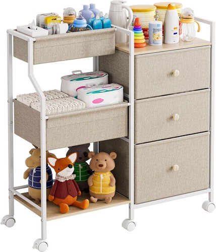 Baby Organizer and Storage Cart,3 Tier Baby Rolling Cart with Dividers and Drawe - Picture 2 of 15