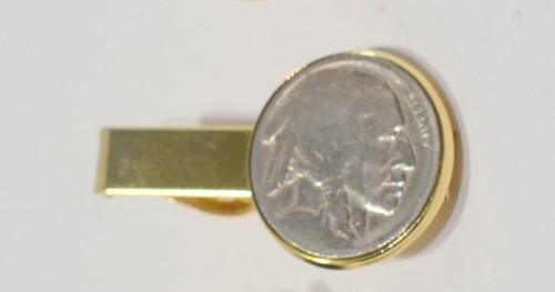 Vintage Manschettenknopf Krawattennadel Clip Set Büffel Indisch Goldfarben Sockel MCM Retro - Bild 9 von 16