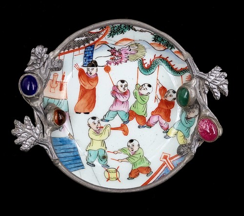 Antik Qing Dynastie Guangxu Porzellan Drache Zinn Schmuckstück/Ring Schale Teller - Bild 1 von 8