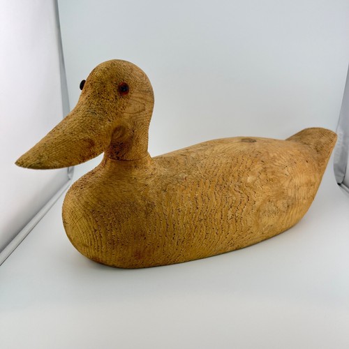 VTG Solid Wood Duck Decoy, Rough Natural Wood Finish with Glass Eyes, 15 1/2"L - Picture 2 of 13
