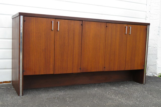 Mid Century Modern Wood Buffet Cabinet Pecan Finish Credenza Bar
