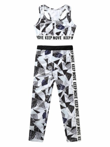 Girls Kids Sports Dance Outfits Gym Yoga Letters Print Crop Tops Leggings Set - Picture 27 of 50