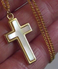 Gold tone cross mop mother of pearl abalone shell pendant twist chain necklace
