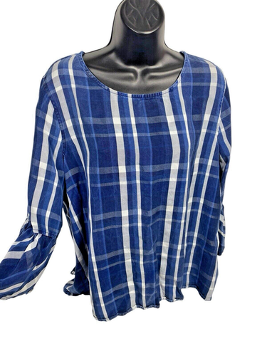 John Mark Top Size L Blue White Plaid Denim Chambray Preppy Coastal Tencel Shirt - Picture 7 of 12