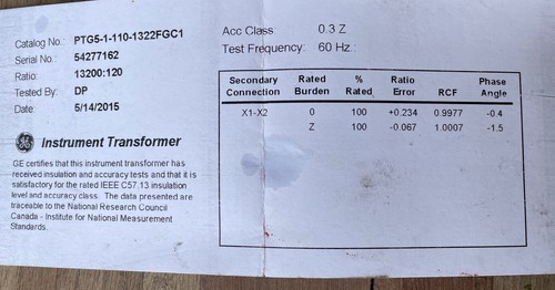Transformador de instrumentos GE 15,5 kva PTG5-1-110-1322 FGC1 voltaje 110:1 13200/120 - Imagen 7 de 8