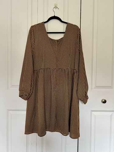 Yellow & Brown Houndstooth Pattern Square Neck A-Line Dress -  Women's Size 2XL - Picture 9 of 17