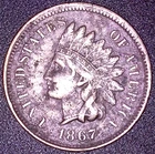 1867  INDIAN HEAD CENT 1C , SEMI HARD DATE FULL LIBERTY , BEADS