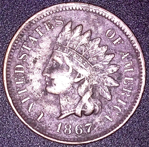 1867  INDIAN HEAD CENT 1C , SEMI HARD DATE FULL LIBERTY , BEADS