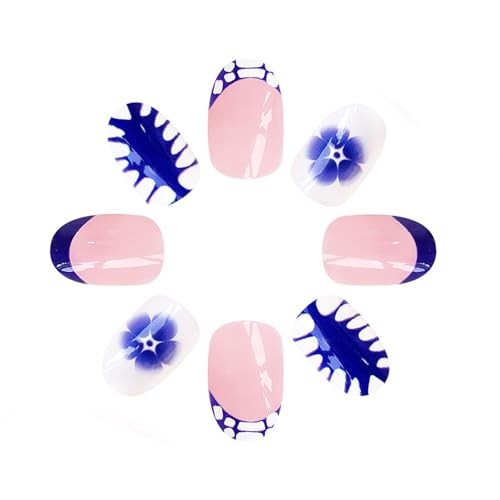 24Pcs Short Almond French Tip Fake Nails Full Cover Blue White Porcelain False - Picture 3 of 6