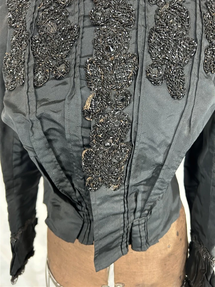 antique bodice blouse black heavily jet beaded gabardine bust original 19thc  - Image 3 of 4
